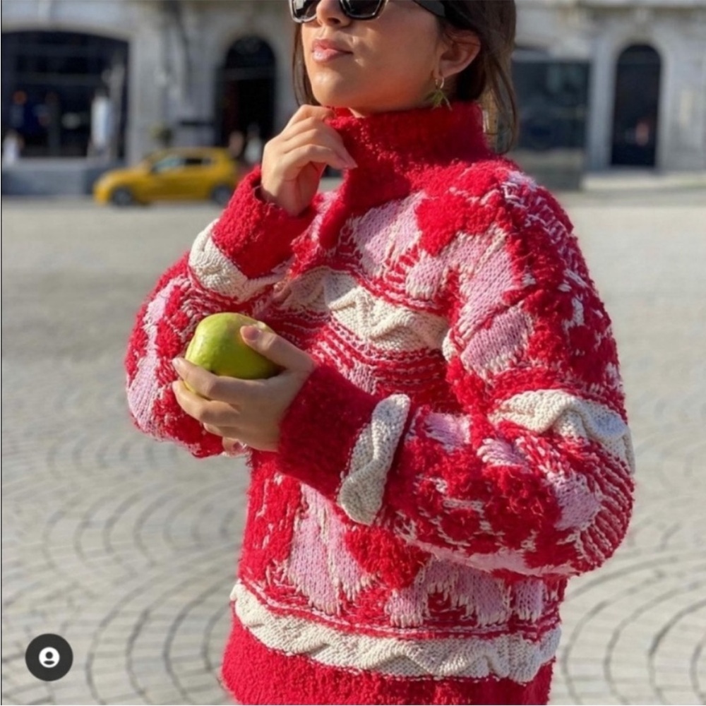 Zara Jacquard Cozy Knit Pink Red Sweater size small boho chic bloggers favorite